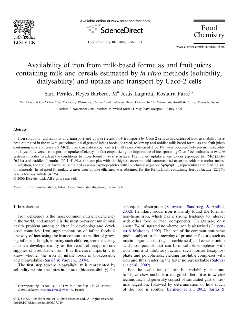 Availability of iron from milk-based formulas and fruit juices containing milk and cereals estimated by in vitro methods (solubility, dialysability) and uptake and transport by Caco-2 cells