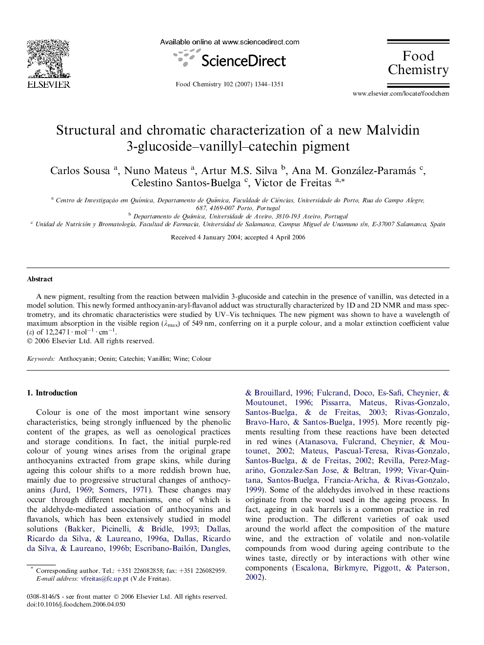 Structural and chromatic characterization of a new Malvidin 3-glucoside–vanillyl–catechin pigment