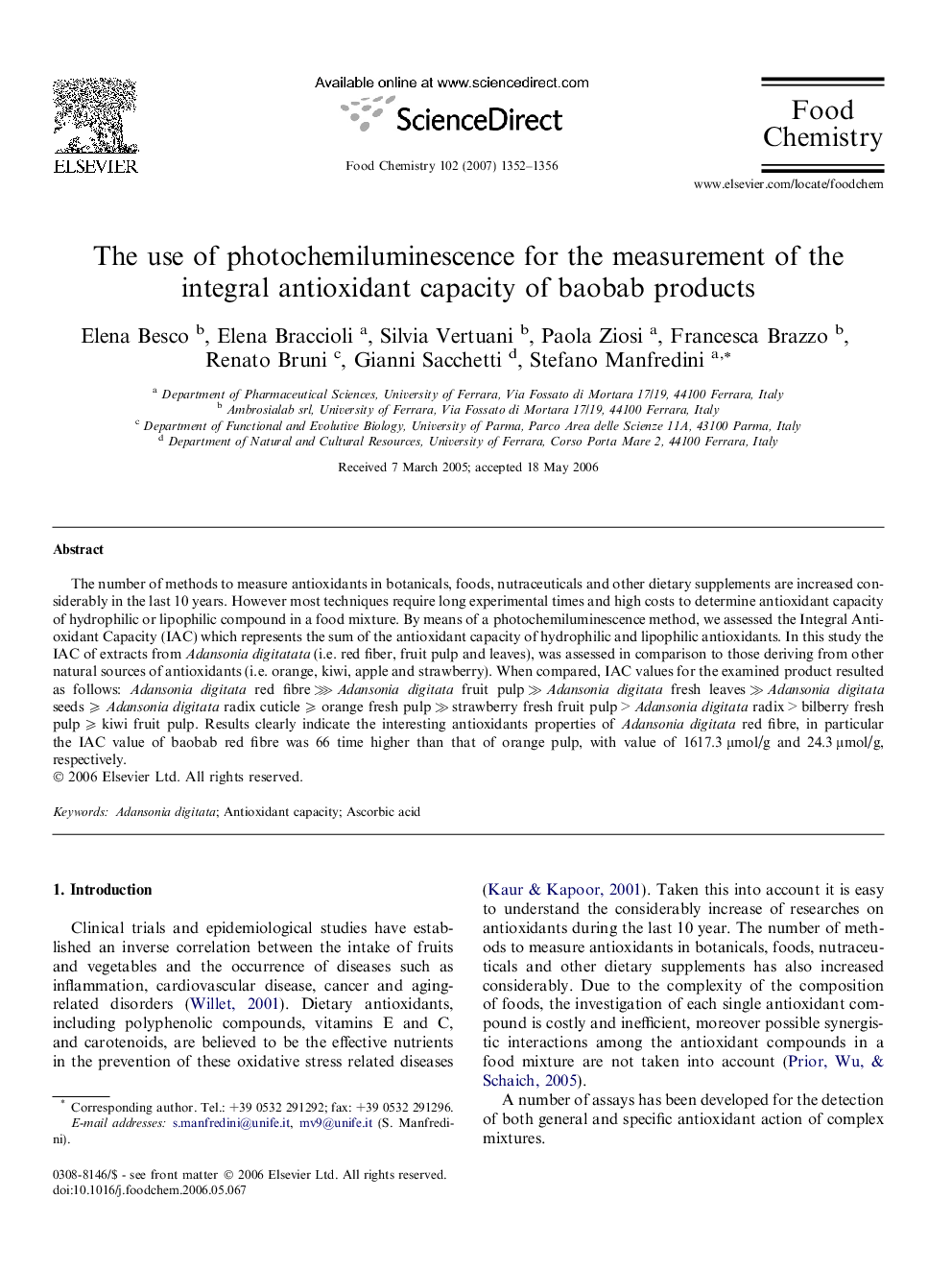 The use of photochemiluminescence for the measurement of the integral antioxidant capacity of baobab products