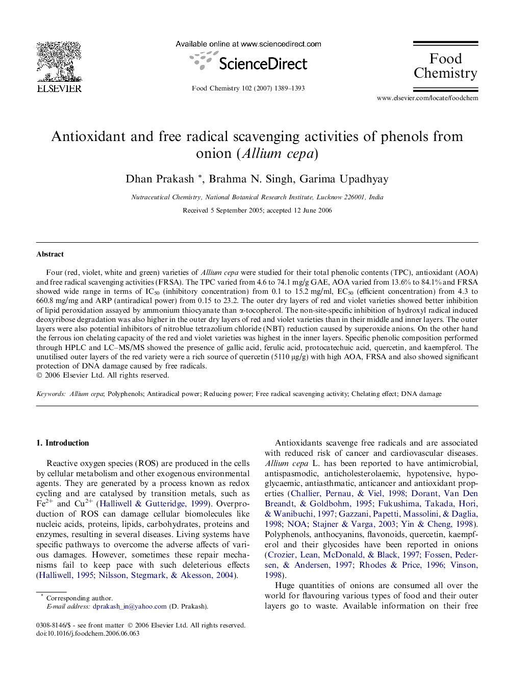 Antioxidant and free radical scavenging activities of phenols from onion (Allium cepa)