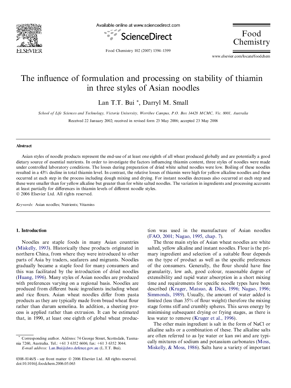 عکس صفحه اول مقاله: The influence of formulation and processing on stability of thiamin in three styles of Asian noodles The influence of formulation and processing on stability of thiamin in three styles of Asian noodles