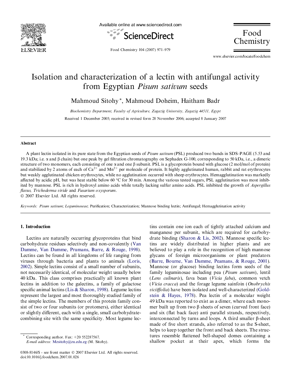 Isolation and characterization of a lectin with antifungal activity from Egyptian Pisum sativum seeds