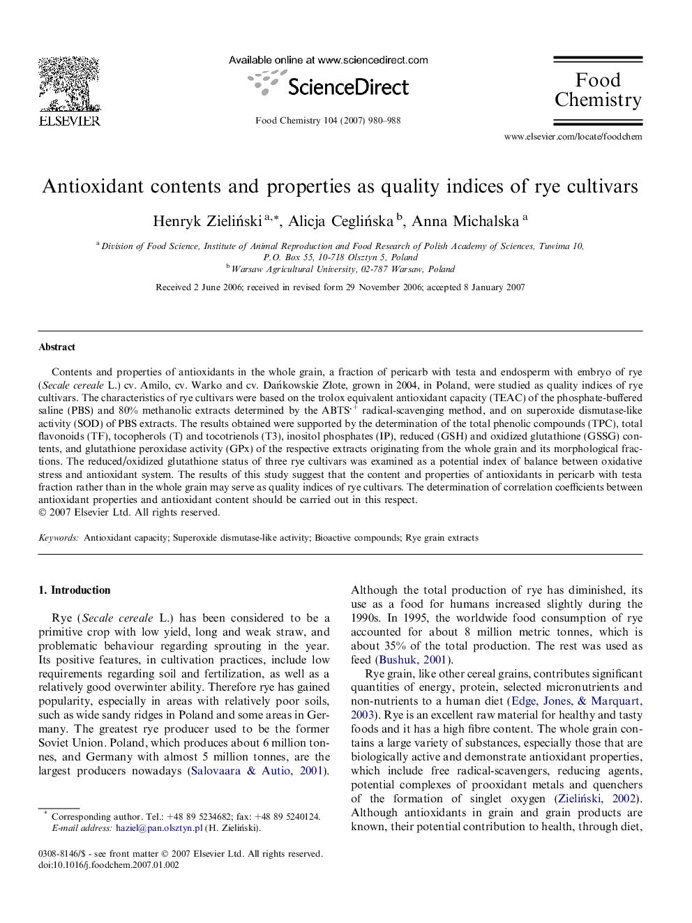عکس صفحه اول مقاله: Antioxidant contents and properties as quality indices of rye cultivars Antioxidant contents and properties as quality indices of rye cultivars
