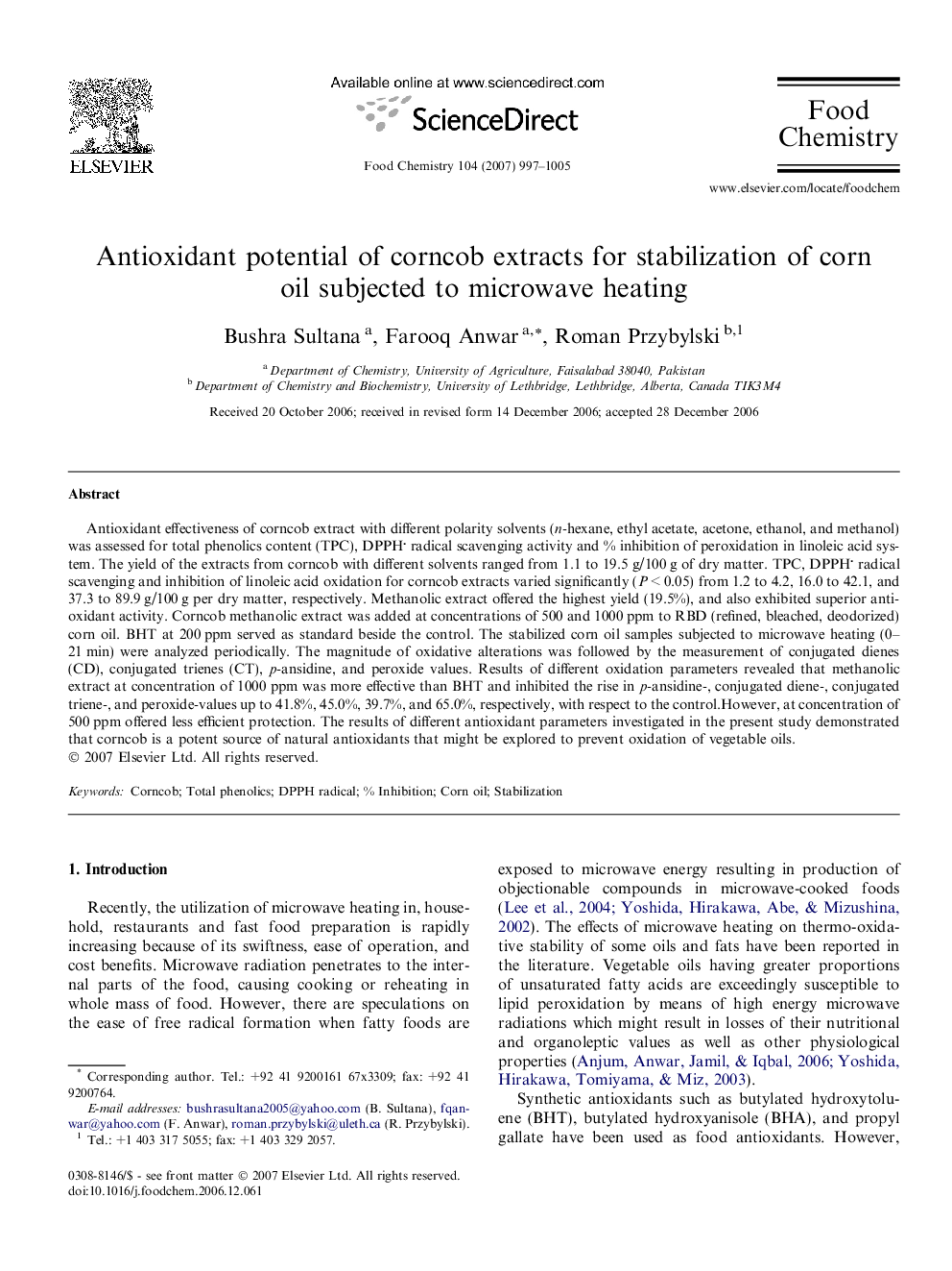 Antioxidant potential of corncob extracts for stabilization of corn oil subjected to microwave heating