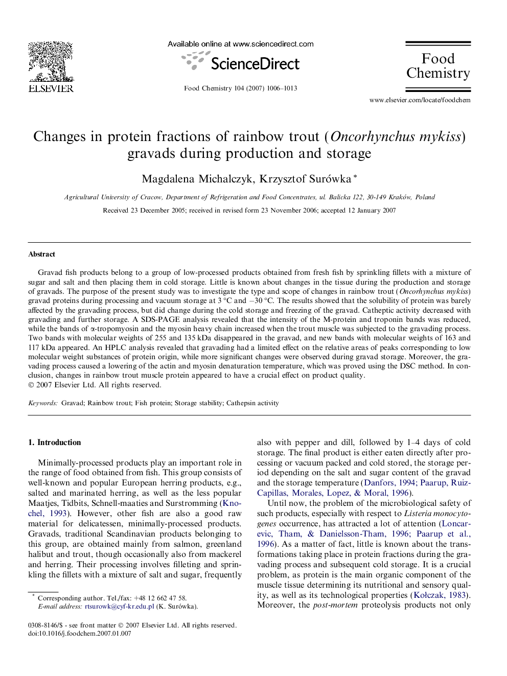 Changes in protein fractions of rainbow trout (Oncorhynchus mykiss) gravads during production and storage