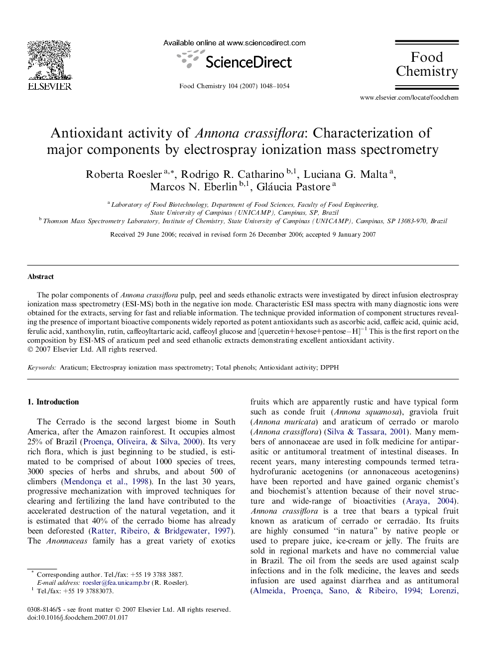 Antioxidant activity of Annona crassiflora: Characterization of major components by electrospray ionization mass spectrometry