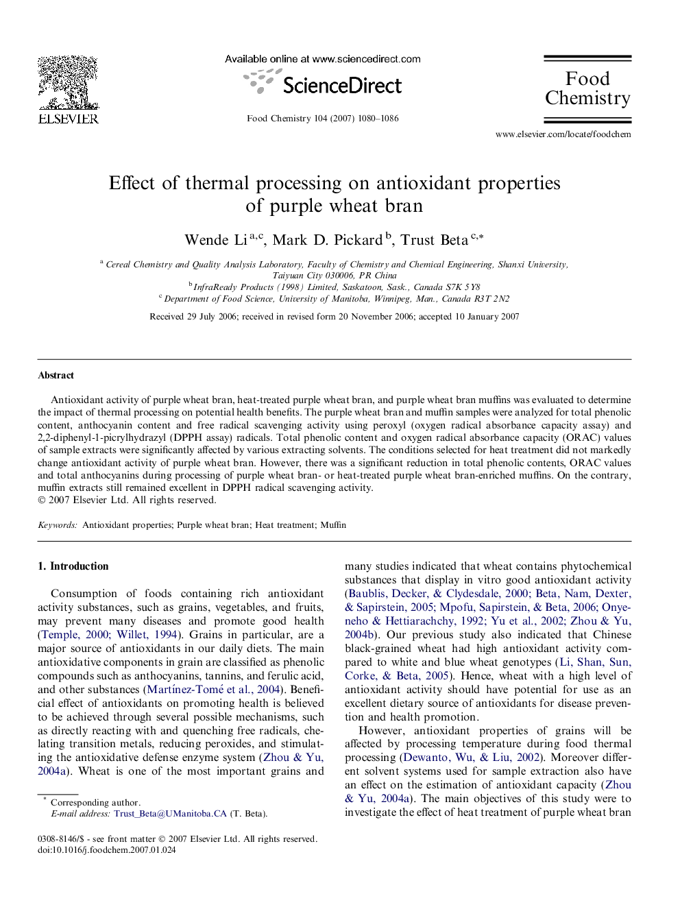 Effect of thermal processing on antioxidant properties of purple wheat bran