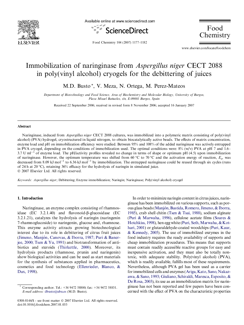 Immobilization of naringinase from Aspergillus niger CECT 2088 in poly(vinyl alcohol) cryogels for the debittering of juices