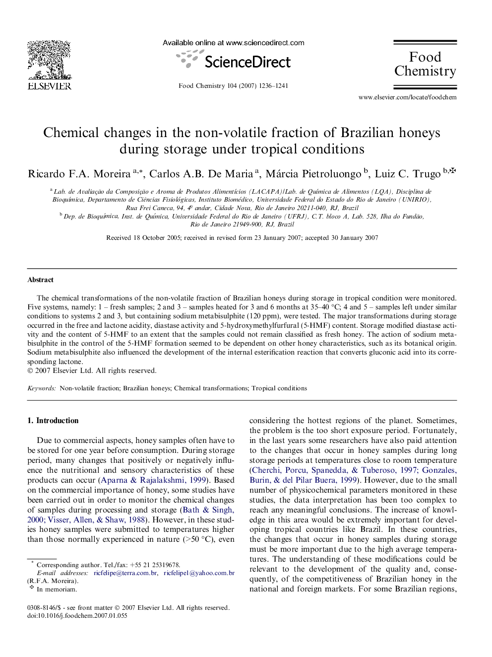 Chemical changes in the non-volatile fraction of Brazilian honeys during storage under tropical conditions