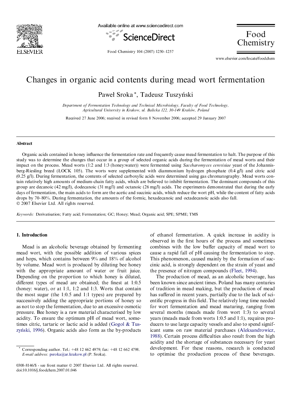 Changes in organic acid contents during mead wort fermentation