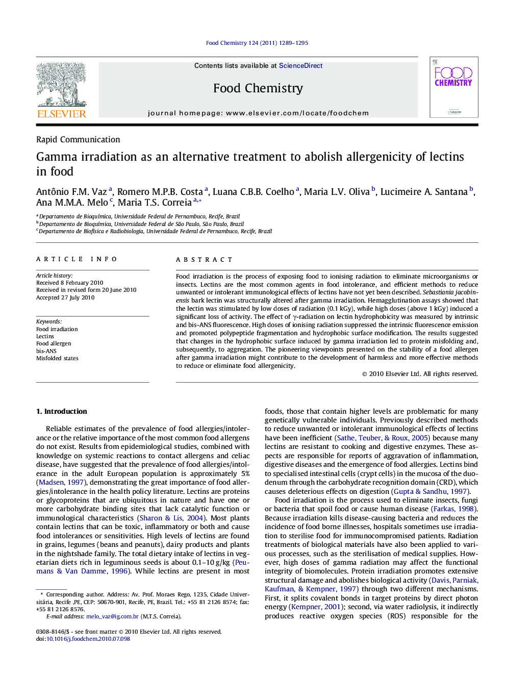 Gamma irradiation as an alternative treatment to abolish allergenicity of lectins in food