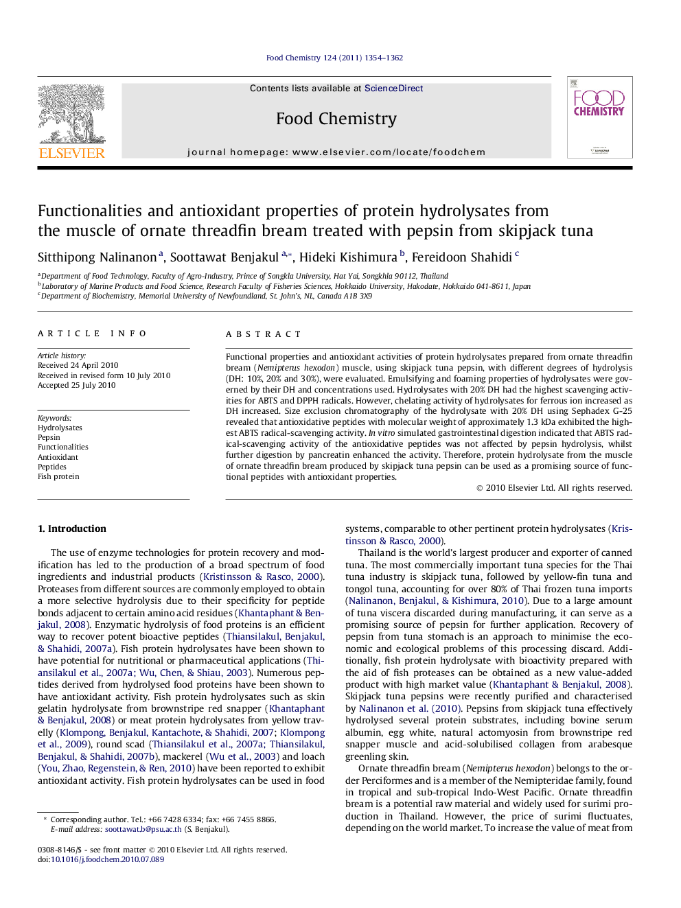 Functionalities and antioxidant properties of protein hydrolysates from the muscle of ornate threadfin bream treated with pepsin from skipjack tuna