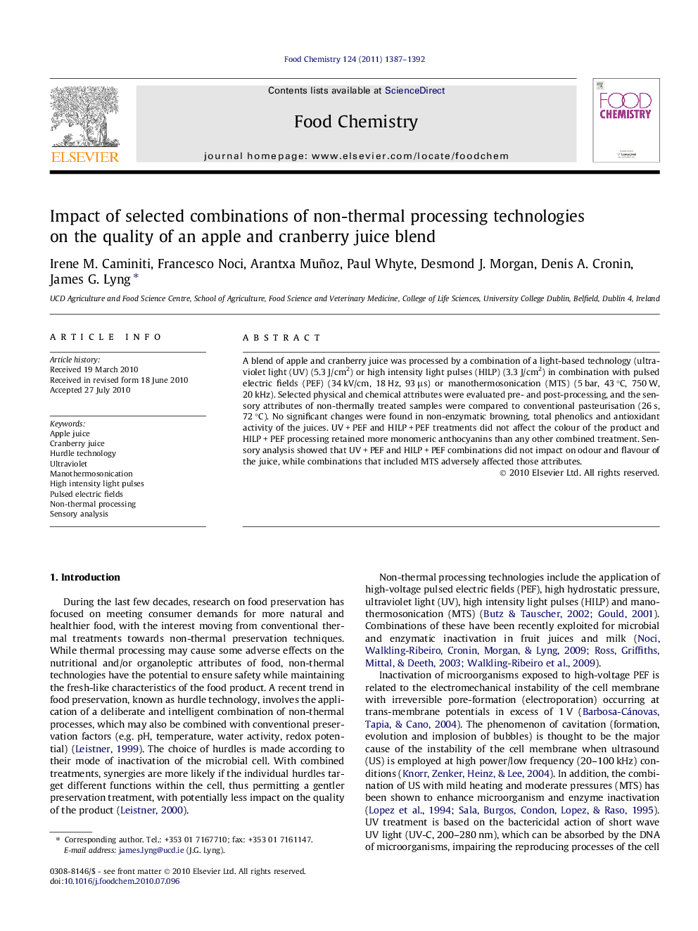 Impact of selected combinations of non-thermal processing technologies on the quality of an apple and cranberry juice blend