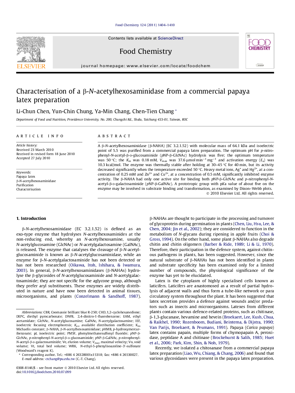 Characterisation of a β-N-acetylhexosaminidase from a commercial papaya latex preparation