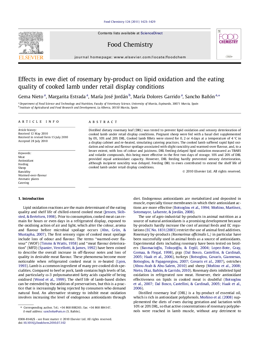 Effects in ewe diet of rosemary by-product on lipid oxidation and the eating quality of cooked lamb under retail display conditions