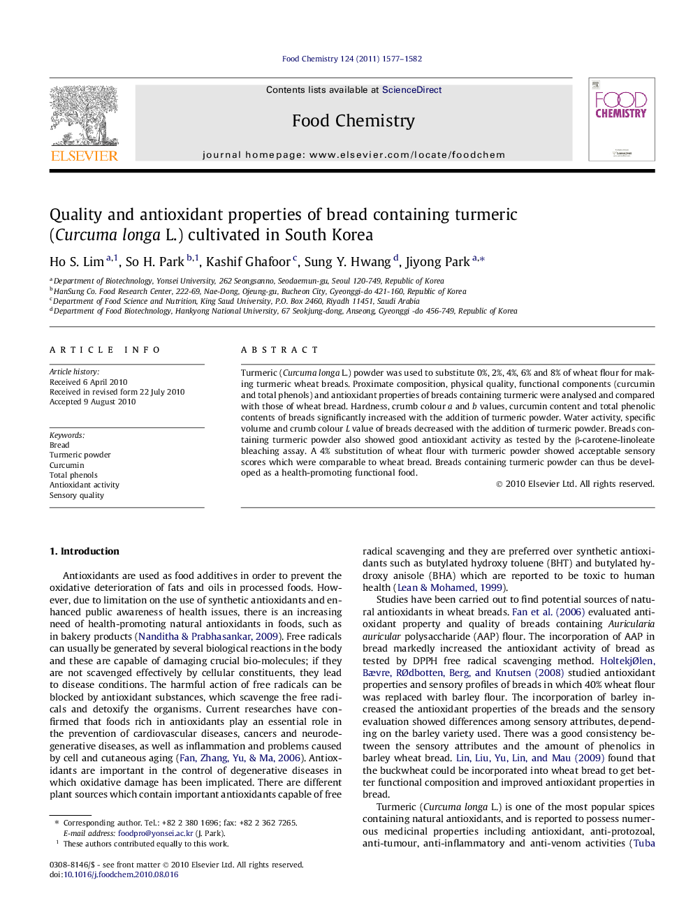 عکس صفحه اول مقاله: Quality and antioxidant properties of bread containing turmeric (Curcuma longa L.) cultivated in South Korea Quality and antioxidant properties of bread containing turmeric (Curcuma longa L.) cultivated in South Korea