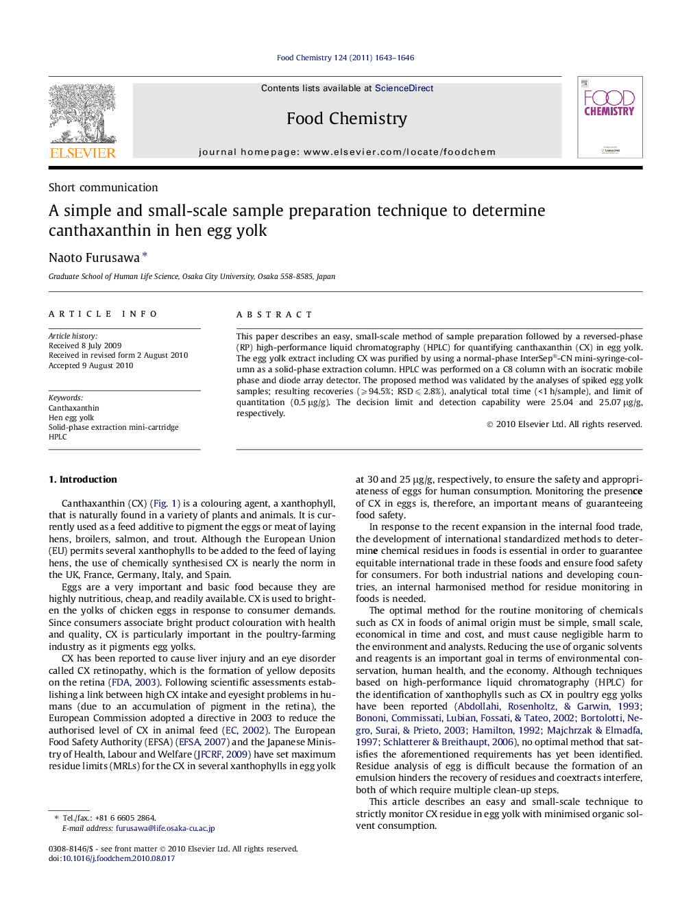 عکس صفحه اول مقاله: A simple and small-scale sample preparation technique to determine canthaxanthin in hen egg yolk A simple and small-scale sample preparation technique to determine canthaxanthin in hen egg yolk