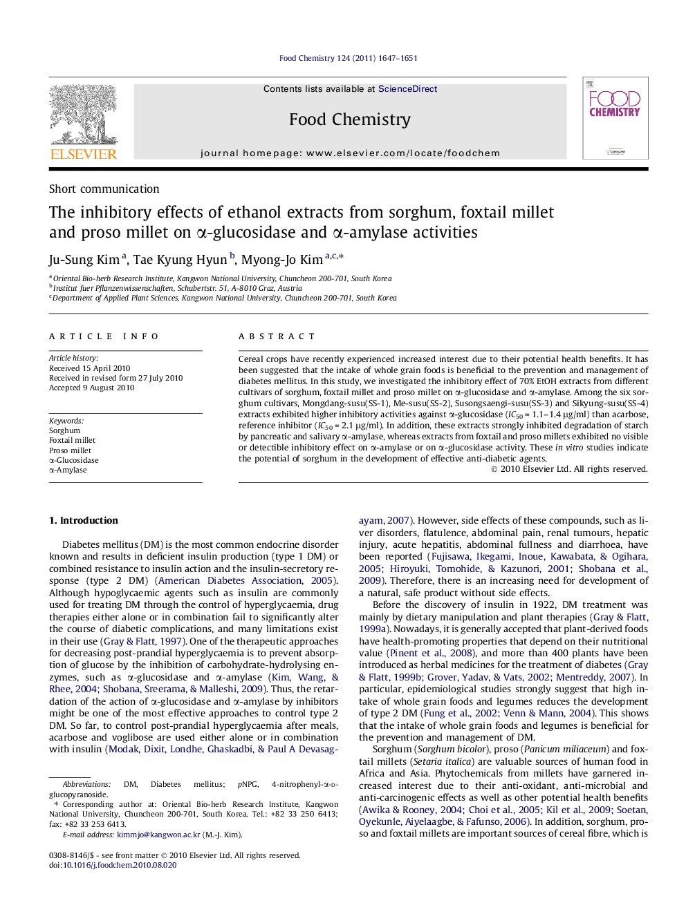 The inhibitory effects of ethanol extracts from sorghum, foxtail millet and proso millet on α-glucosidase and α-amylase activities