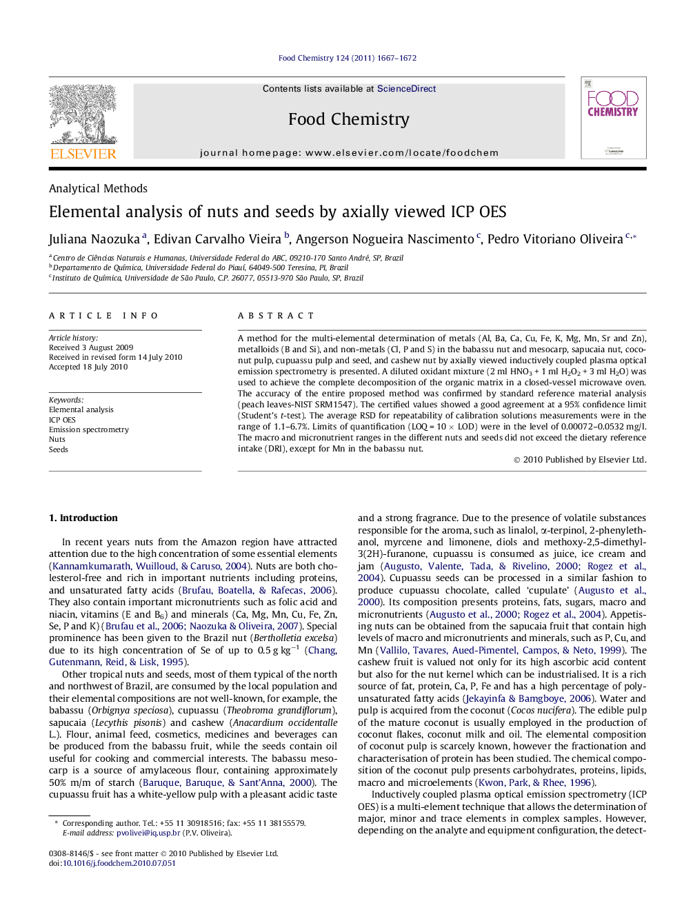 Elemental analysis of nuts and seeds by axially viewed ICP OES