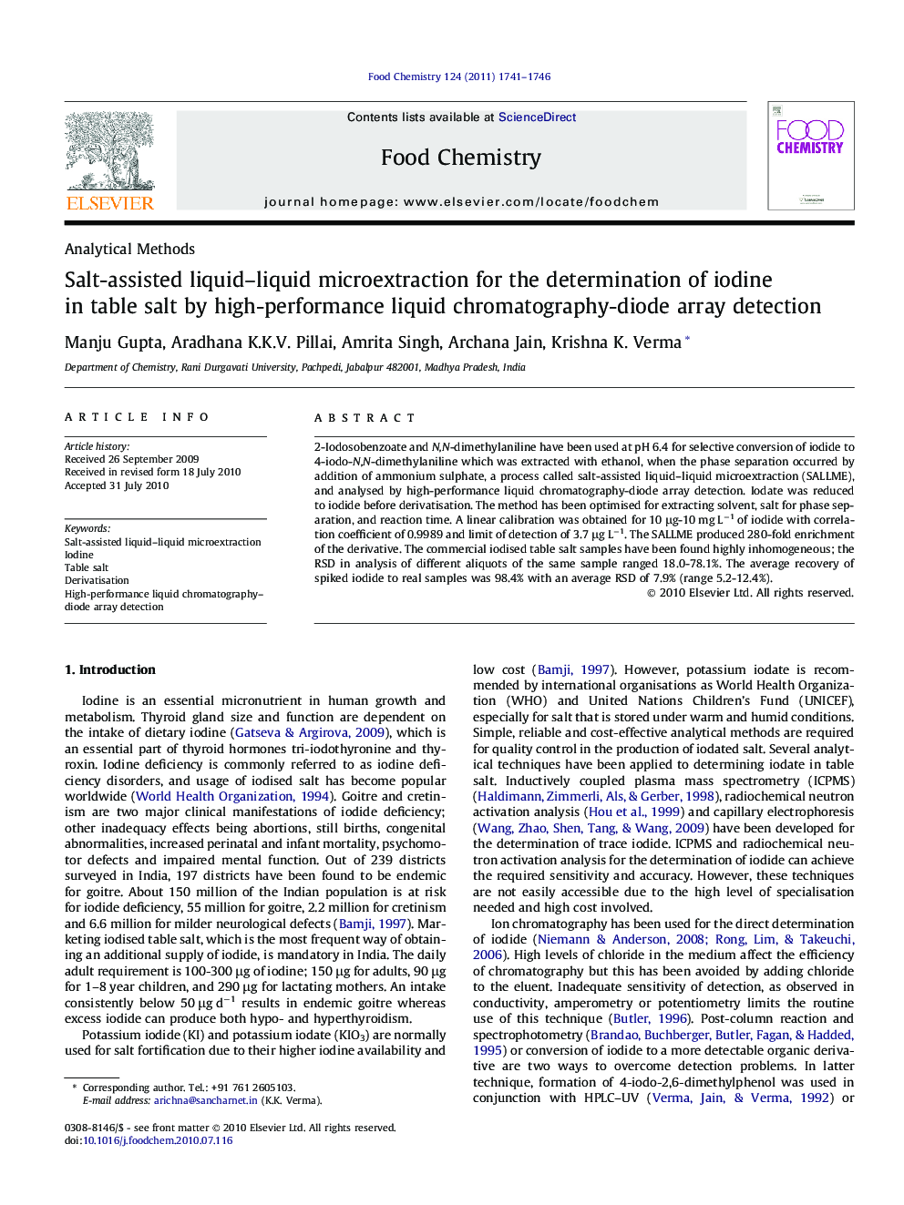 Salt-assisted liquid-liquid microextraction for the determination of iodine in table salt by high-performance liquid chromatography-diode array detection