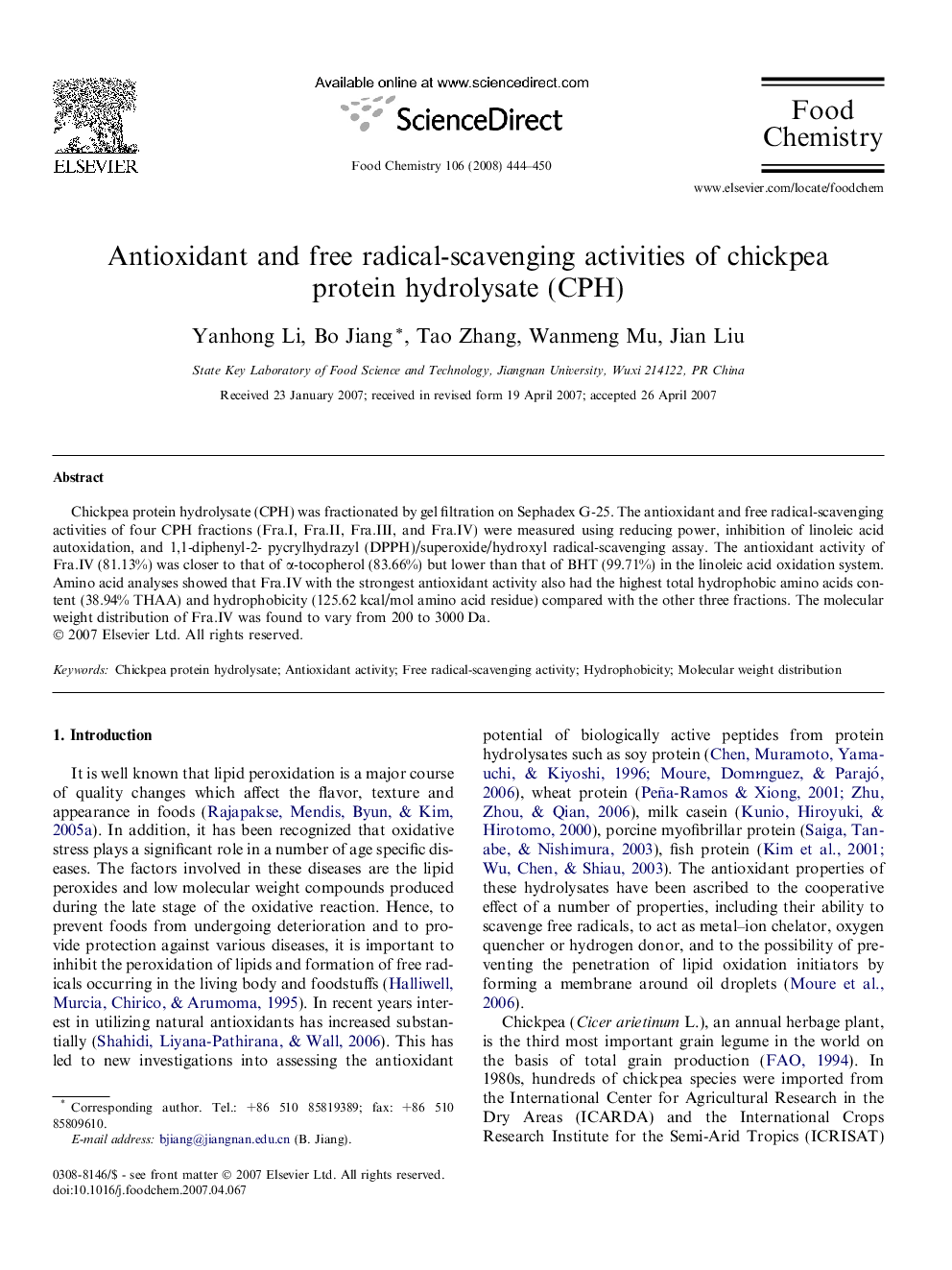 Antioxidant and free radical-scavenging activities of chickpea protein hydrolysate (CPH)