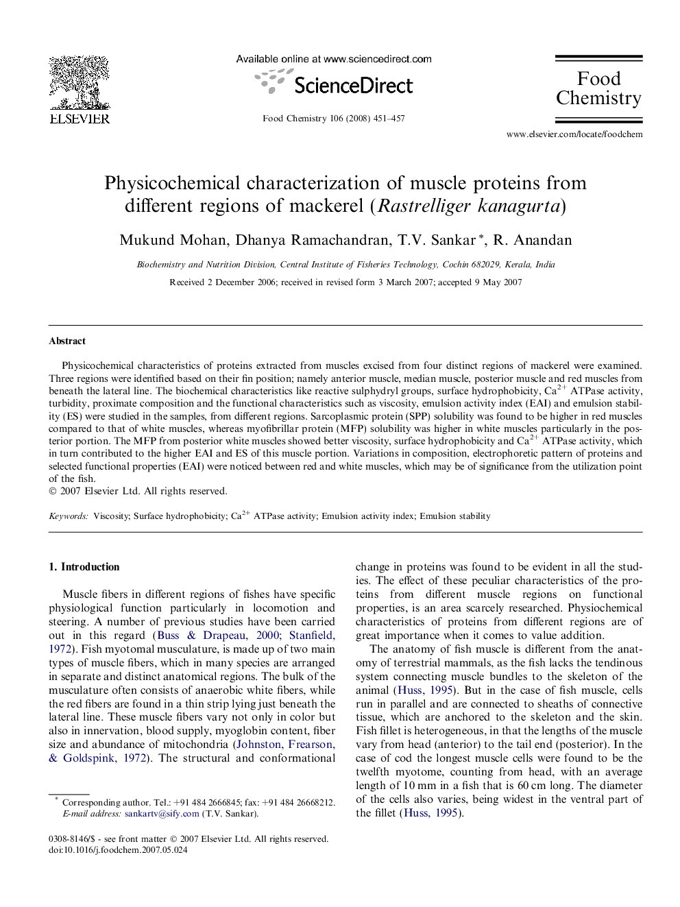 Physicochemical characterization of muscle proteins from different regions of mackerel (Rastrelliger kanagurta)