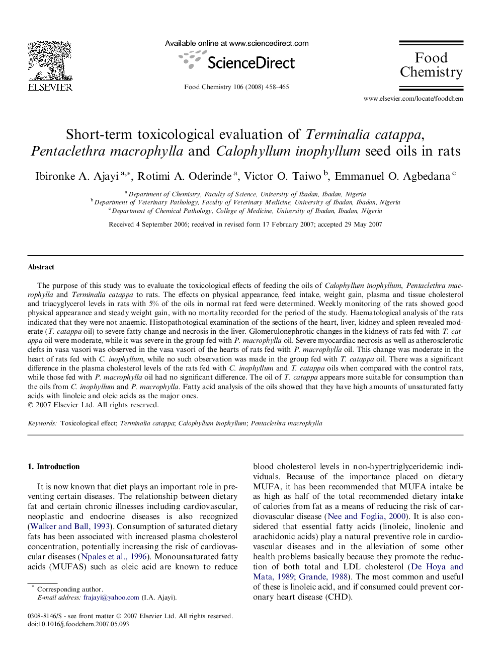 Short-term toxicological evaluation of Terminalia catappa, Pentaclethra macrophylla and Calophyllum inophyllum seed oils in rats