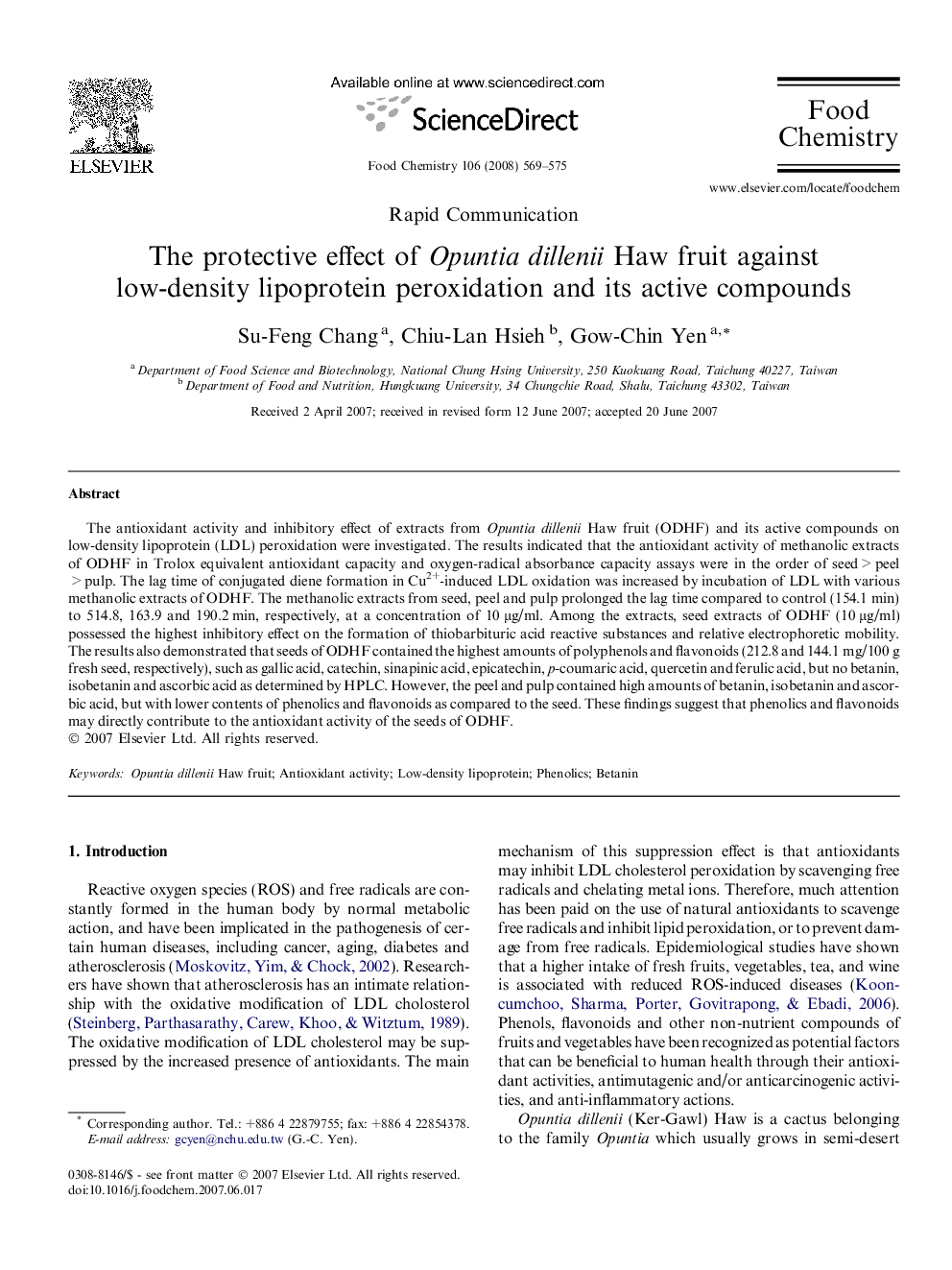 The protective effect of Opuntia dillenii Haw fruit against low-density lipoprotein peroxidation and its active compounds