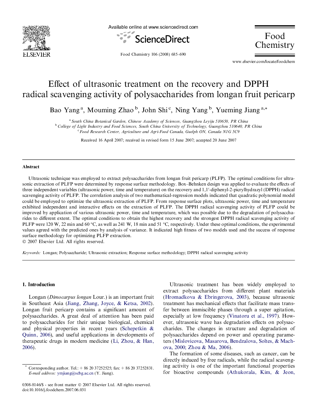 Effect of ultrasonic treatment on the recovery and DPPH radical scavenging activity of polysaccharides from longan fruit pericarp