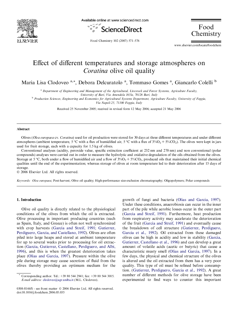 Effect of different temperatures and storage atmospheres on Coratina olive oil quality