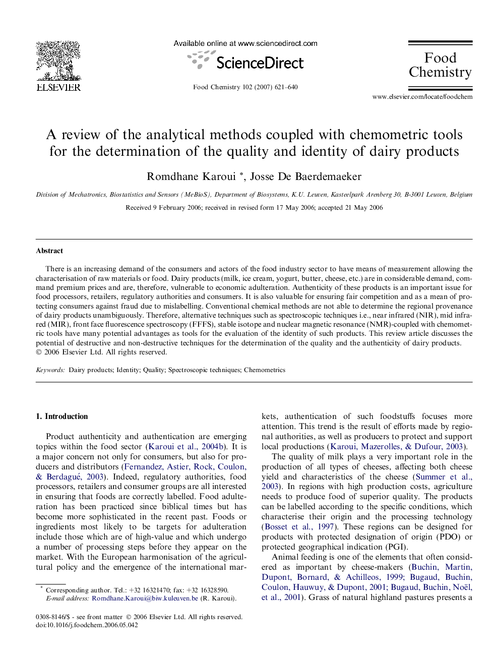 A review of the analytical methods coupled with chemometric tools for the determination of the quality and identity of dairy products