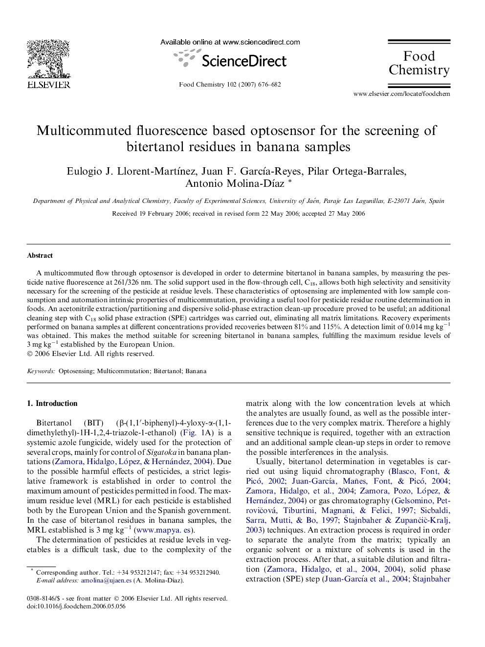 Multicommuted fluorescence based optosensor for the screening of bitertanol residues in banana samples