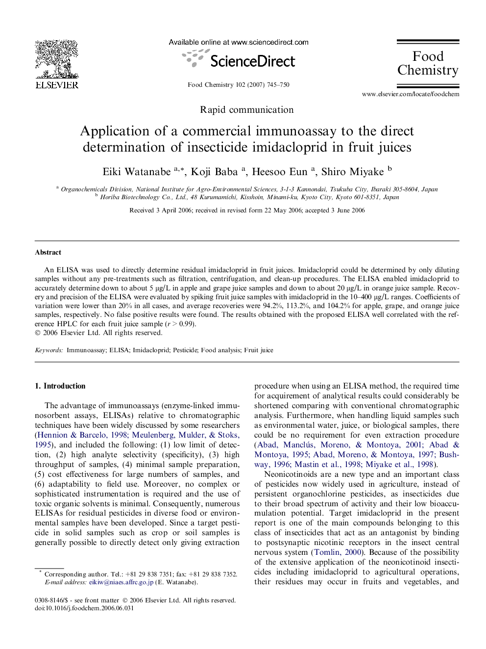 Application of a commercial immunoassay to the direct determination of insecticide imidacloprid in fruit juices