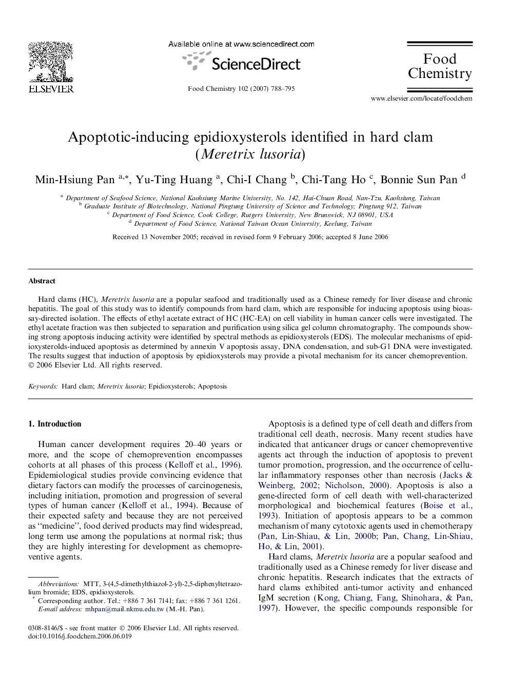 Apoptotic-inducing epidioxysterols identified in hard clam (Meretrix lusoria)