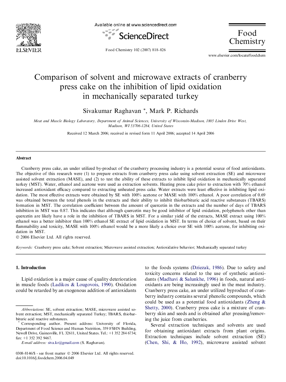 Comparison of solvent and microwave extracts of cranberry press cake on the inhibition of lipid oxidation in mechanically separated turkey