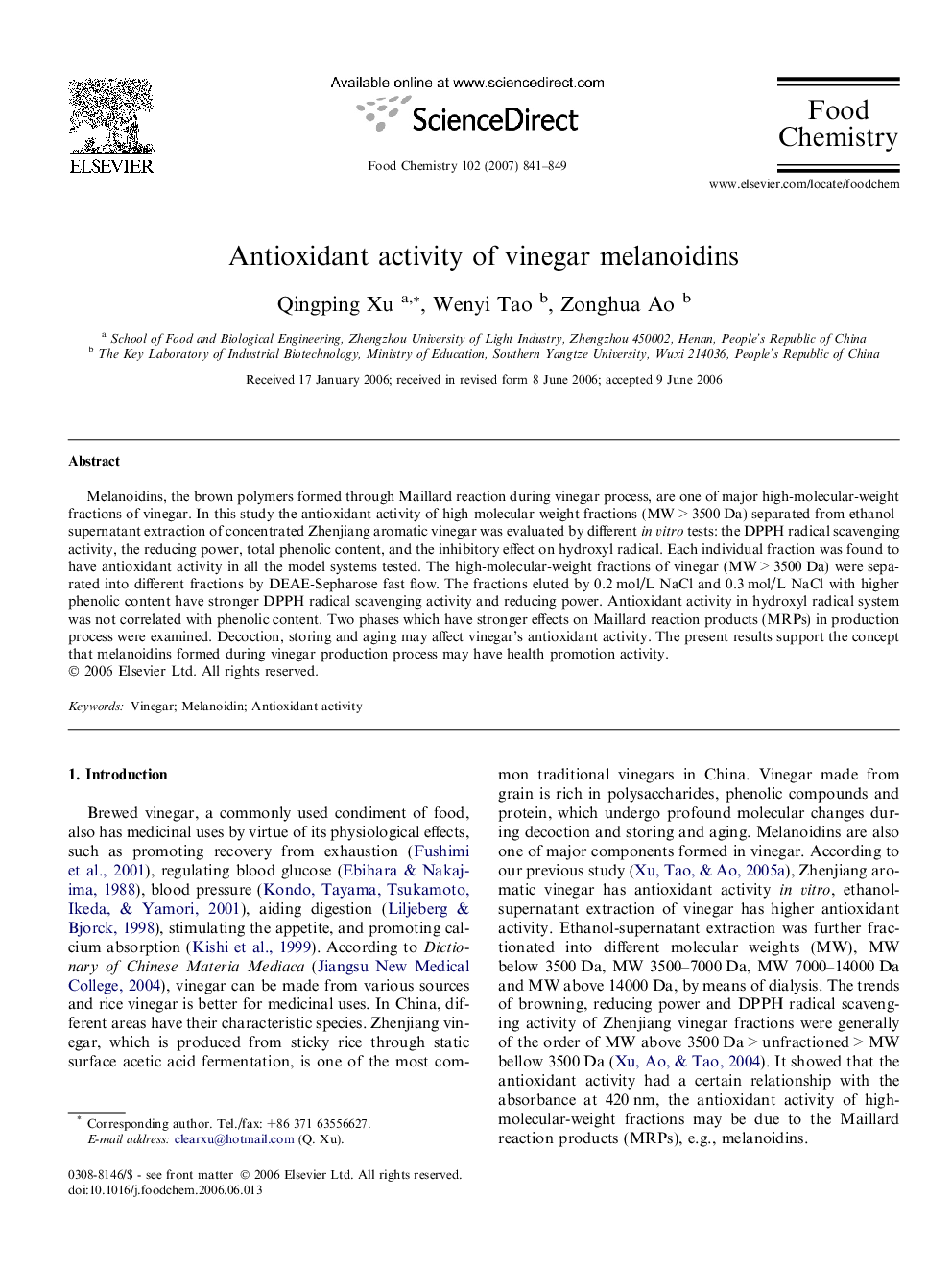 Antioxidant activity of vinegar melanoidins