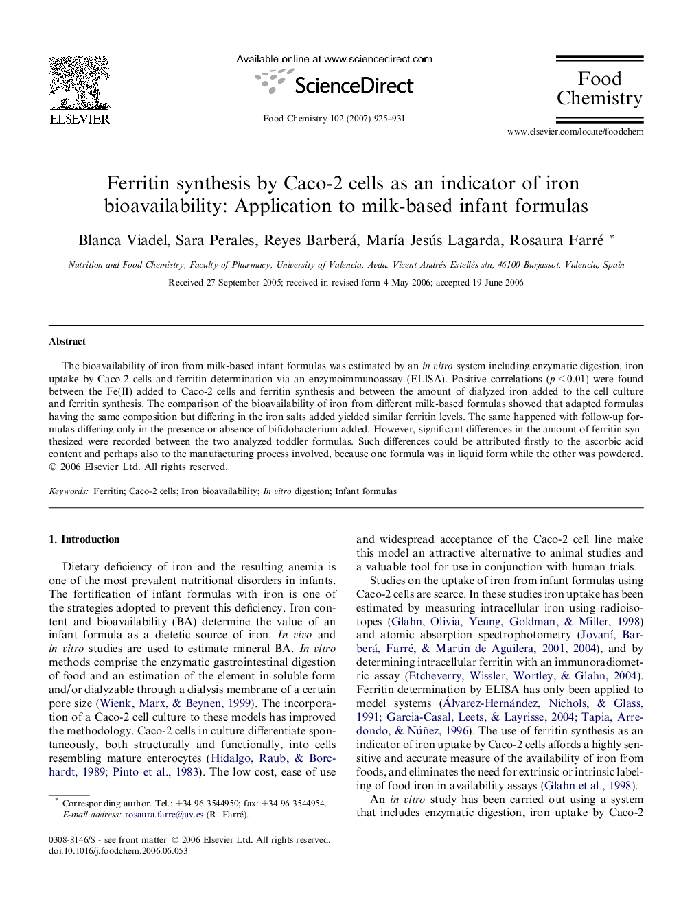 Ferritin synthesis by Caco-2 cells as an indicator of iron bioavailability: Application to milk-based infant formulas