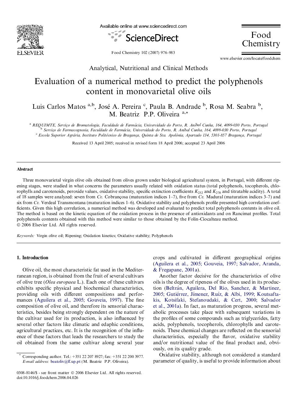 Evaluation of a numerical method to predict the polyphenols content in monovarietal olive oils