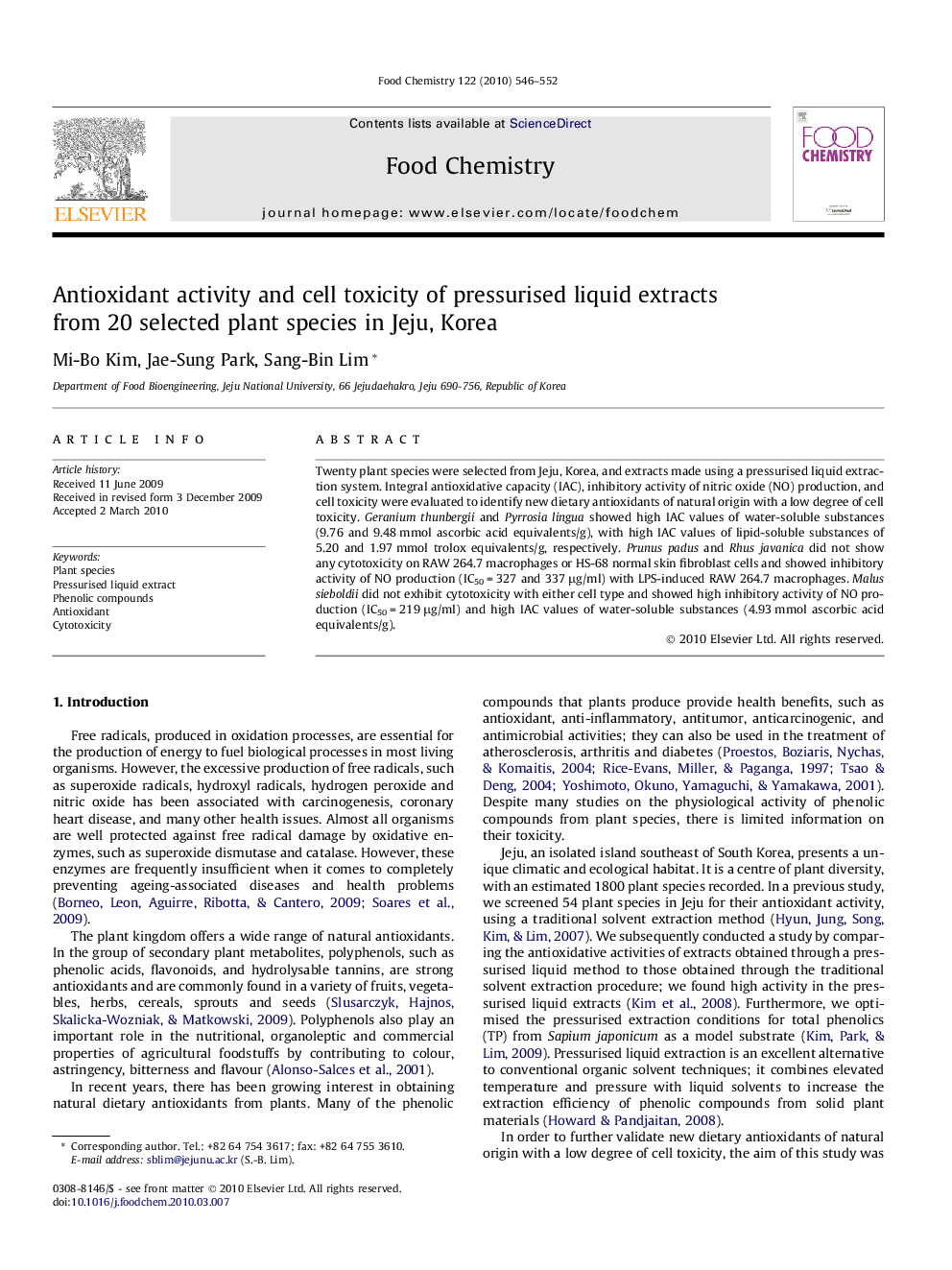 Antioxidant activity and cell toxicity of pressurised liquid extracts from 20 selected plant species in Jeju, Korea