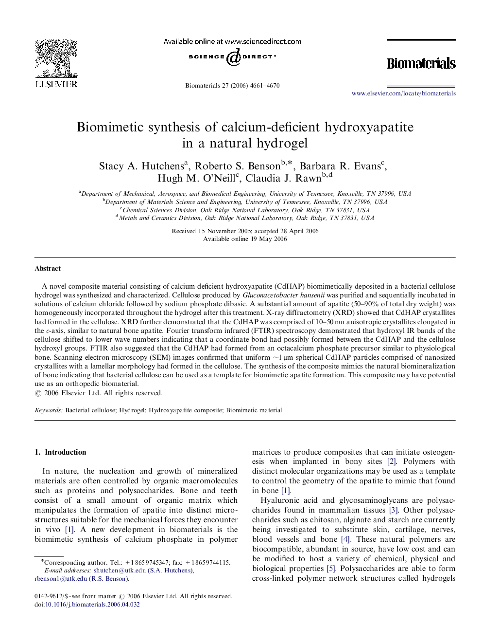 Biomimetic synthesis of calcium-deficient hydroxyapatite in a natural hydrogel