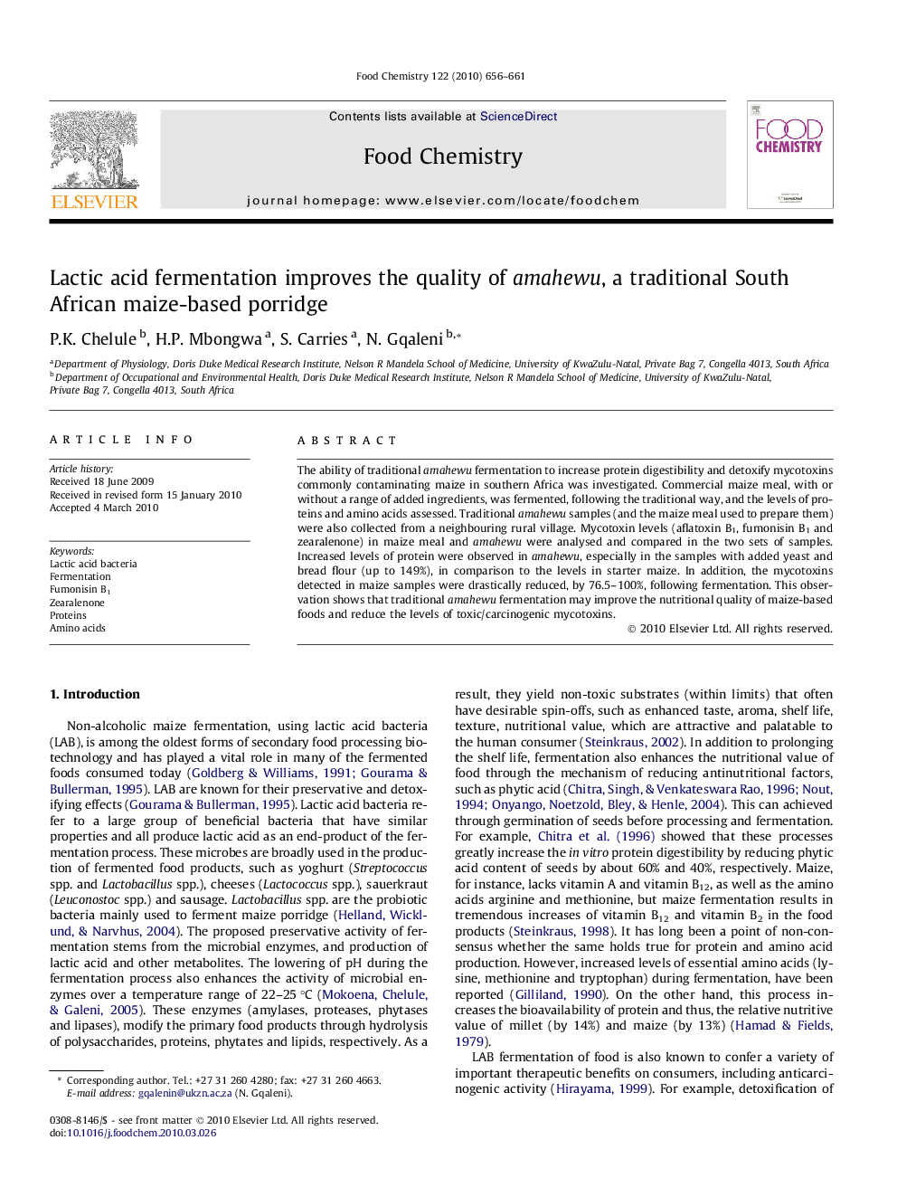 Lactic acid fermentation improves the quality of amahewu, a traditional South African maize-based porridge