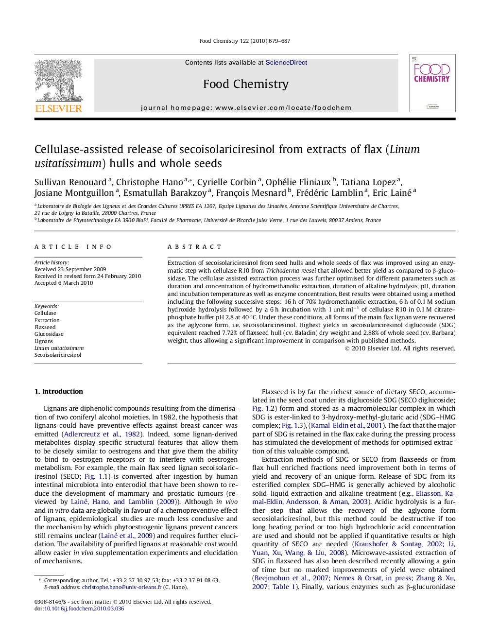 Cellulase-assisted release of secoisolariciresinol from extracts of flax (Linum usitatissimum) hulls and whole seeds