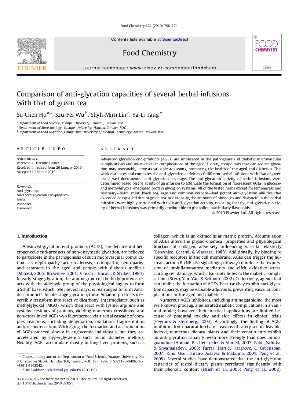 Comparison of anti-glycation capacities of several herbal infusions with that of green tea