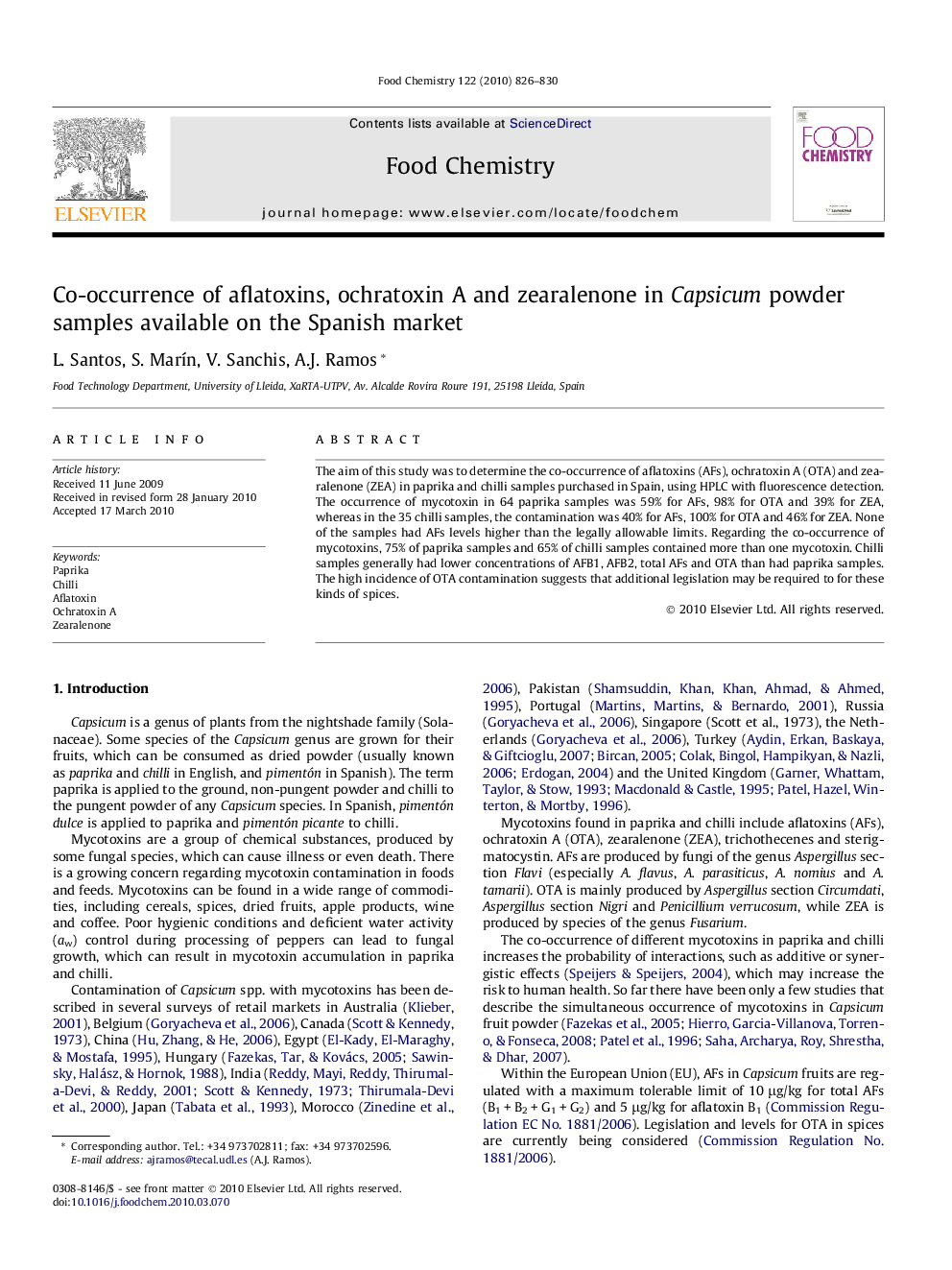 Co-occurrence of aflatoxins, ochratoxin A and zearalenone in Capsicum powder samples available on the Spanish market