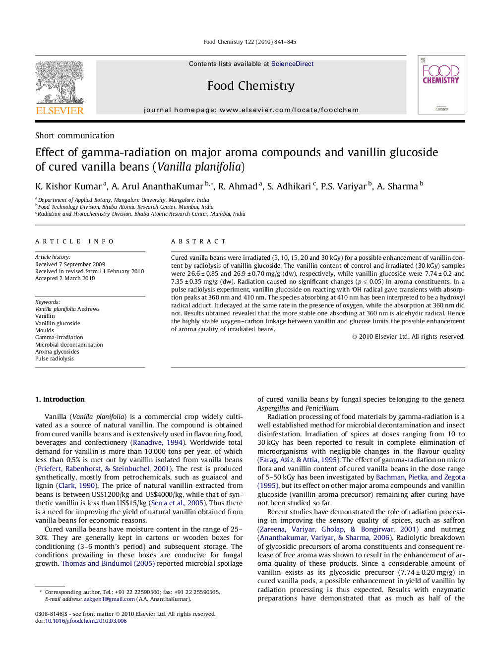 عکس صفحه اول مقاله: Effect of gamma-radiation on major aroma compounds and vanillin glucoside of cured vanilla beans (Vanilla planifolia) Effect of gamma-radiation on major aroma compounds and vanillin glucoside of cured vanilla beans (Vanilla planifolia)