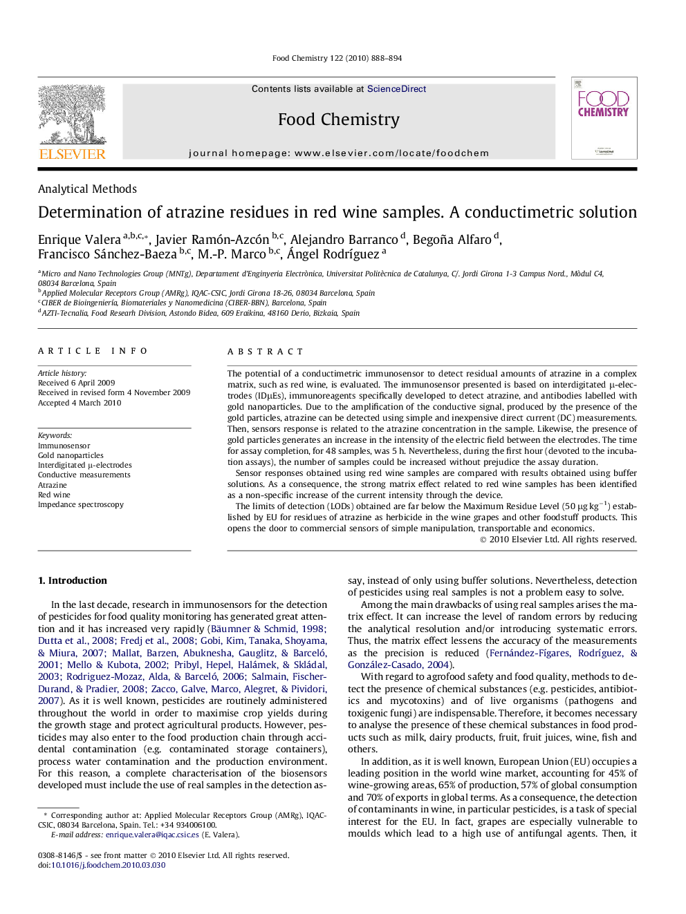 عکس صفحه اول مقاله: Determination of atrazine residues in red wine samples. A conductimetric solution Determination of atrazine residues in red wine samples. A conductimetric solution