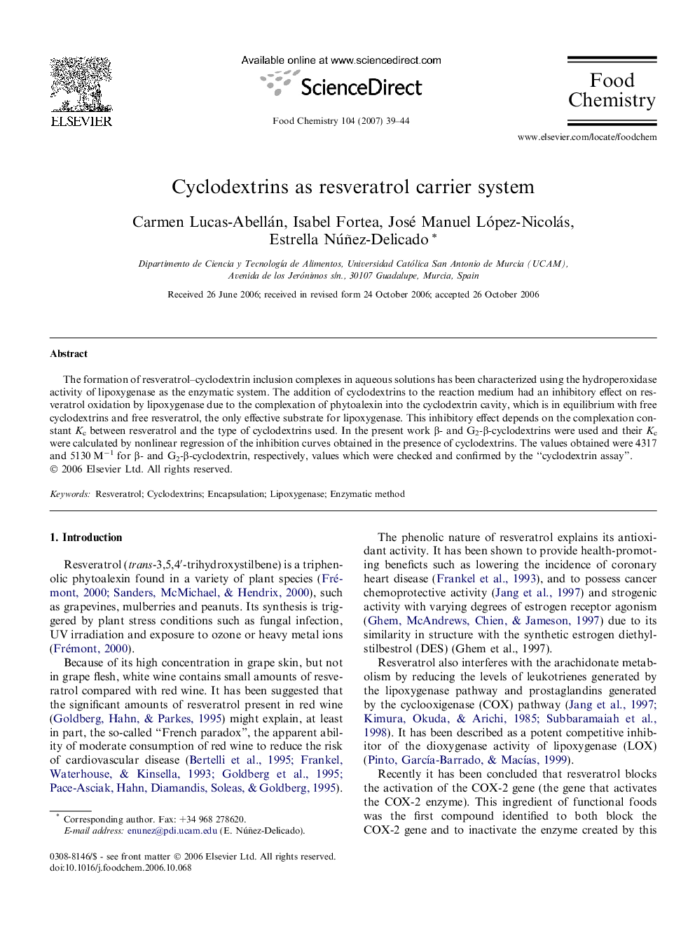 Cyclodextrins as resveratrol carrier system