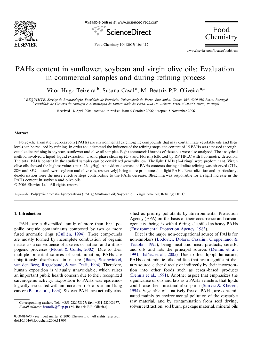 PAHs content in sunflower, soybean and virgin olive oils: Evaluation in commercial samples and during refining process