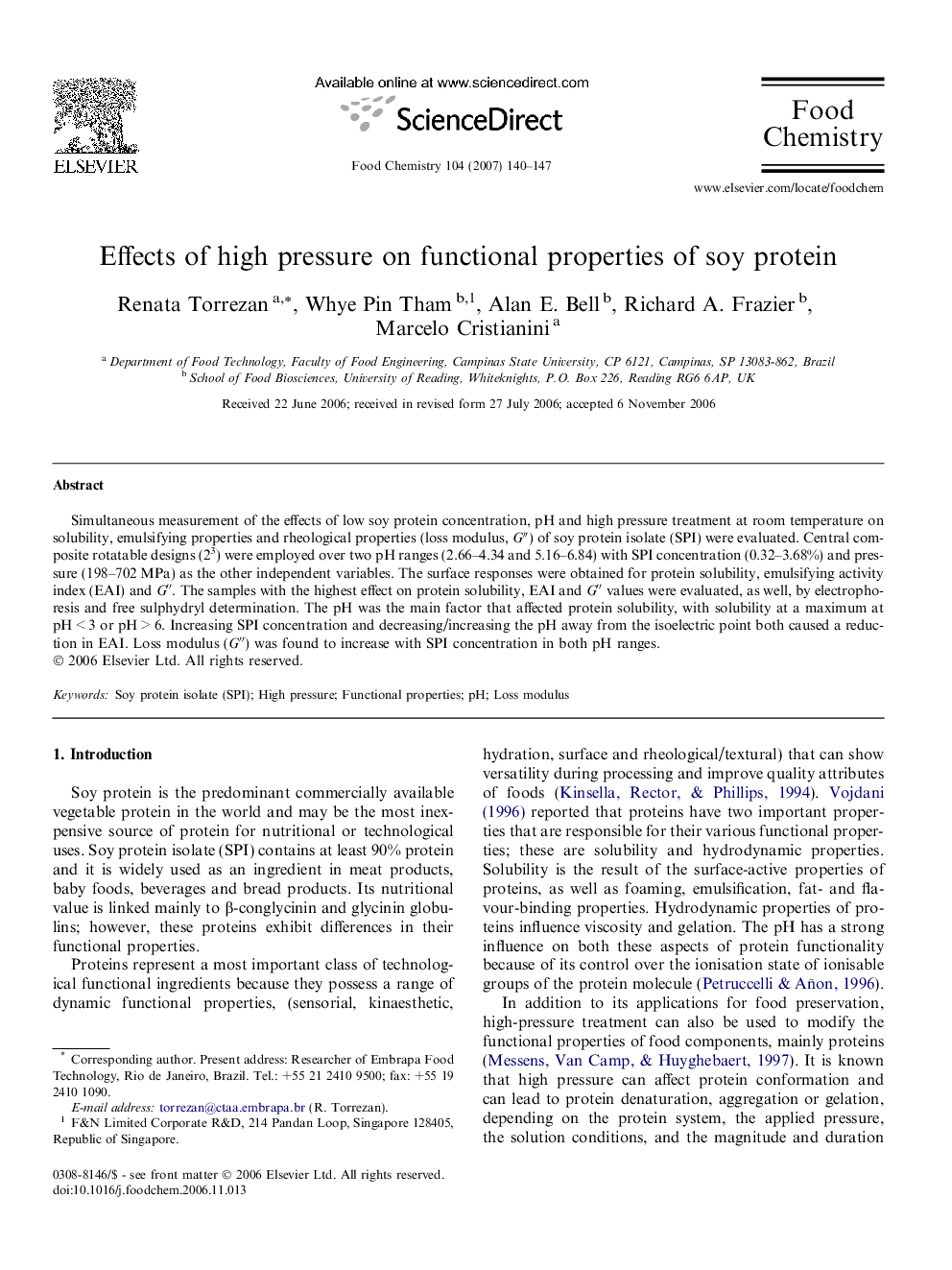 Effects of high pressure on functional properties of soy protein