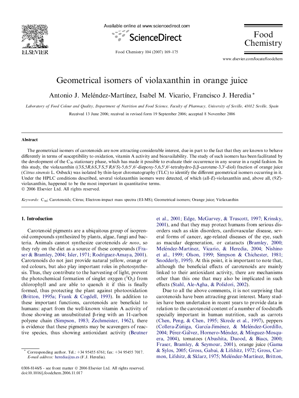 Geometrical isomers of violaxanthin in orange juice